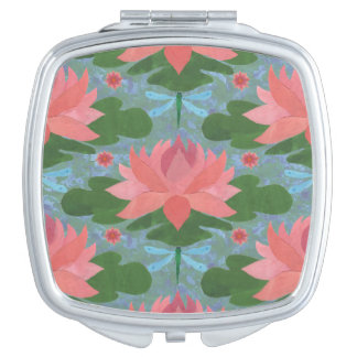 Pink Water Lilies and Dragonflies Compact Mirror