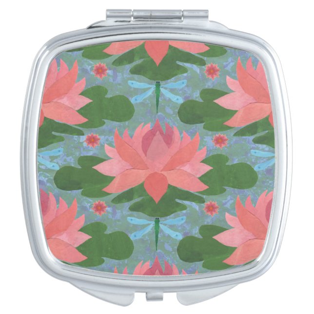 Pink Water Lilies and Dragonflies Compact Mirror (Front)