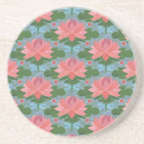 Pink Water Lilies and Dragonflies Drinks Coaster