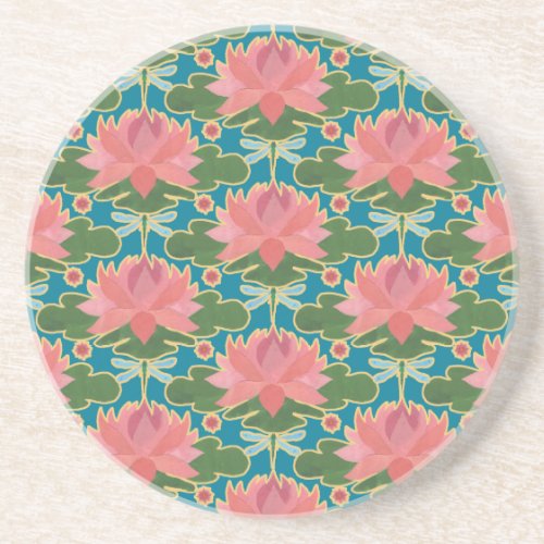 Pink Water Lilies and Dragonflies Drinks Coaster