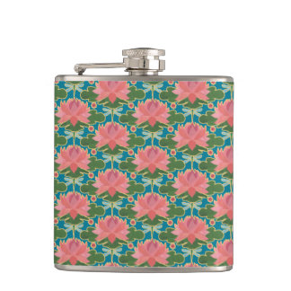 Pink Water Lilies and Dragonflies Hip Flask