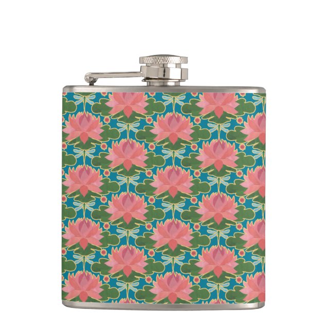 Pink Water Lilies and Dragonflies Hip Flask (Front)