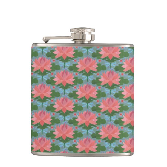 Pink Water Lilies and Dragonflies Hip Flask (Front)