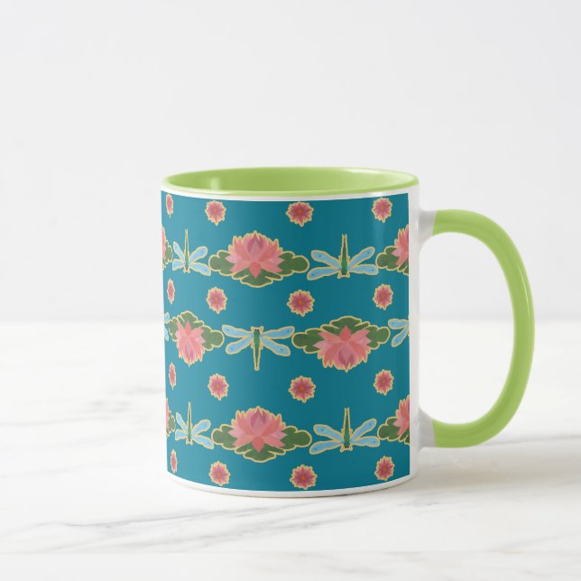 Pink Water Lilies and Dragonflies on Blue Mug (Right)
