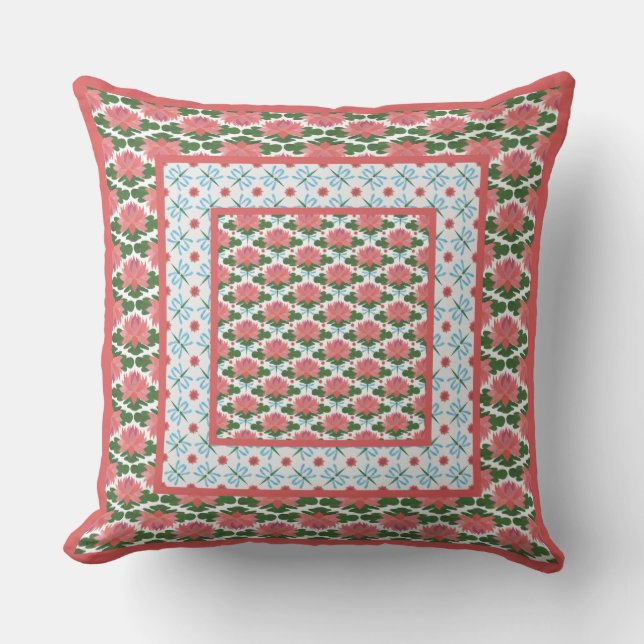 Pink Water Lilies and Dragonflies Pillow, Cushion (Front)