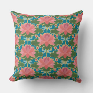 Pink Water Lilies and Dragonflies Pillow, Cushion