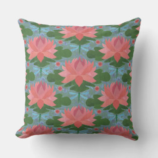 Pink Water Lilies and Dragonflies Pillow, Cushion