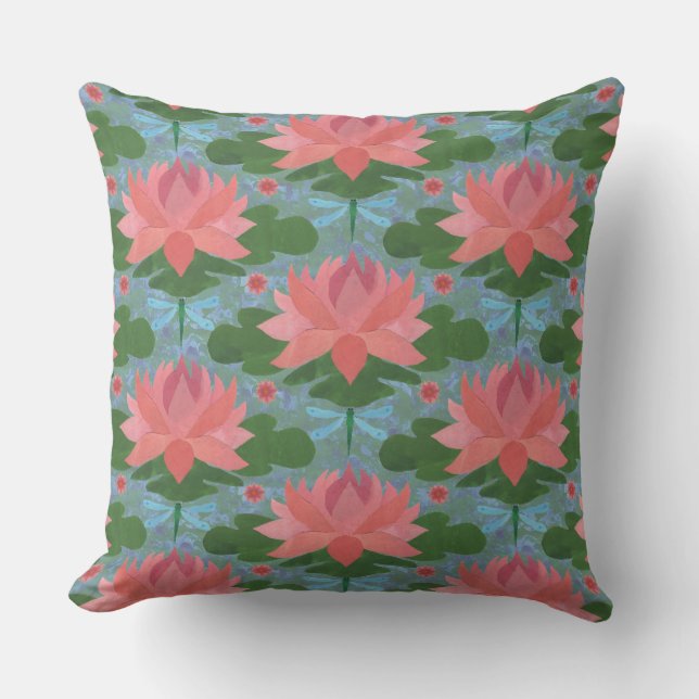Pink Water Lilies and Dragonflies Pillow, Cushion (Front)