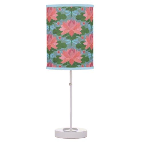 Pink Water Lilies and Dragonflies Table Lamp