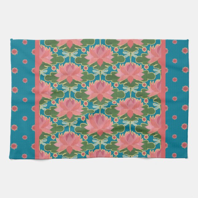 Pink Water Lilies, Blue Dragonflies: Kitchen Towel (Horizontal)