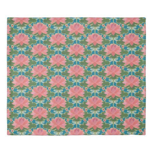Pink Water Lilies Blue Dragonflies on Teal Duvet Cover