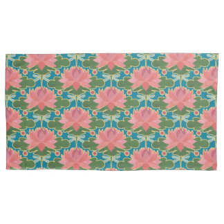 Pink Water Lilies, Blue Dragonflies, on Teal Pillowcase