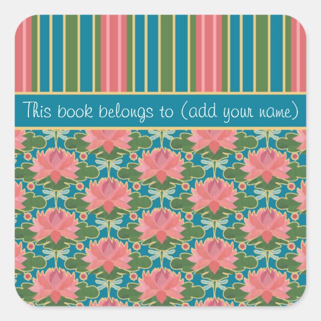 Pink Water Lilies, Dragonflies, Custom Bookplates (Front)