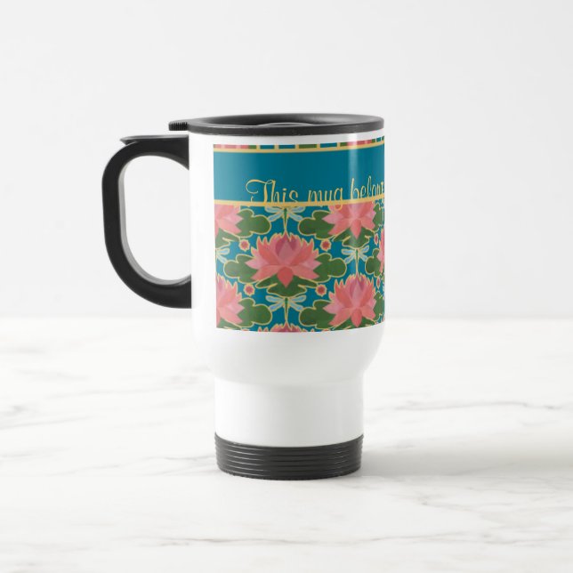 Pink Water Lilies, Dragonflies, Custom Travel Mug (Left)