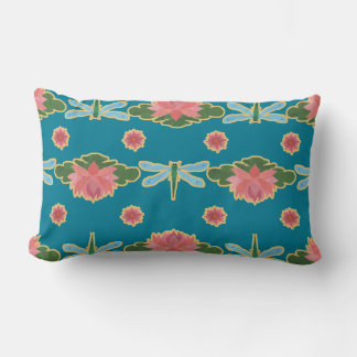 Pink Water Lilies Dragonflies Lumbar Pillow