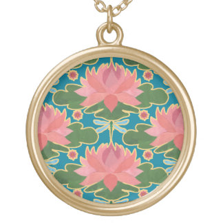 Pink Water Lilies Dragonflies Pendant Necklace