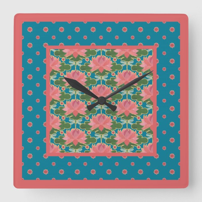 Pink Water Lilies Dragonflies Pendant Wall Clock (Front)