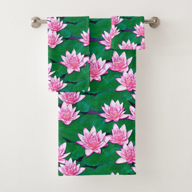 Pink Water Lilies on a Pond Bath Towel Set (Insitu)