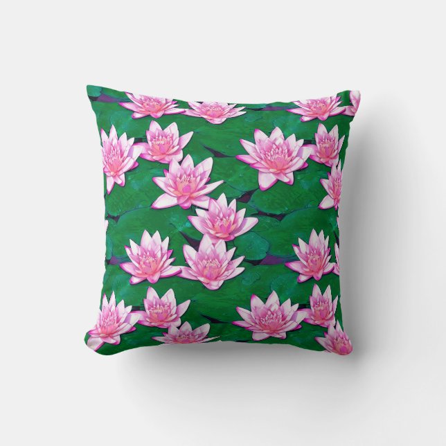Pink Water Lilies on a Pond Throw Pillow (Front)