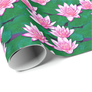 Pink Water Lilies on a Pond Wrapping Paper
