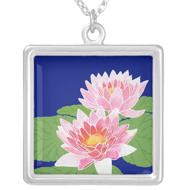 Pink Water Lilies on Blue: July Birth Month Flower Silver Plated Necklace (Front)