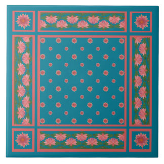 Pink Water Lilies on Deep Blue Ceramic Tile