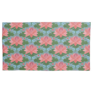 Pink Water Lilies, Pale Blue Dragonflies on Blue Pillow Case