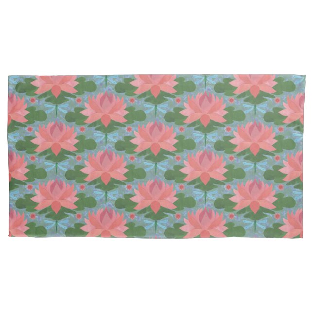 Pink Water Lilies, Pale Blue Dragonflies on Blue Pillow Case (Front-Left)