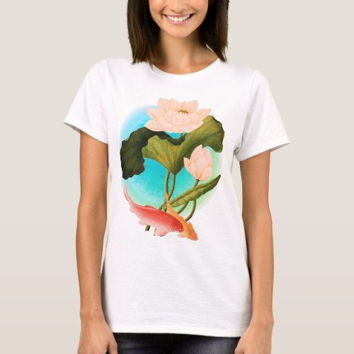 Pink Water Lily and Koi with Blue_Green Circle T_Shirt