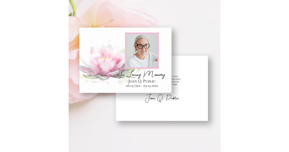 Pink Water Lily Flower Funeral Memorial Sympathy Thank You Card | Zazzle