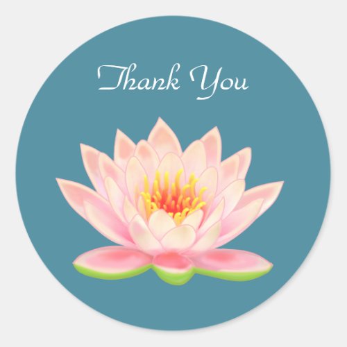 Pink Water Lily Flower on Blue Thank You Classic Round Sticker