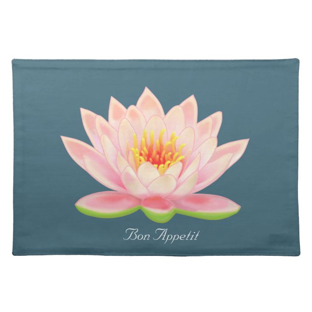 Pink Water Lily Flower on Elegant Blue Cloth Placemat (Front)