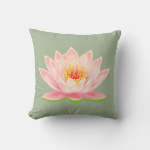 Pink Water Lily Flower on Laurel Green Throw Pillow