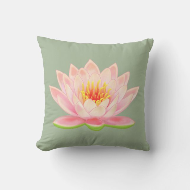 Pink Water Lily Flower on Laurel Green Throw Pillow (Front)