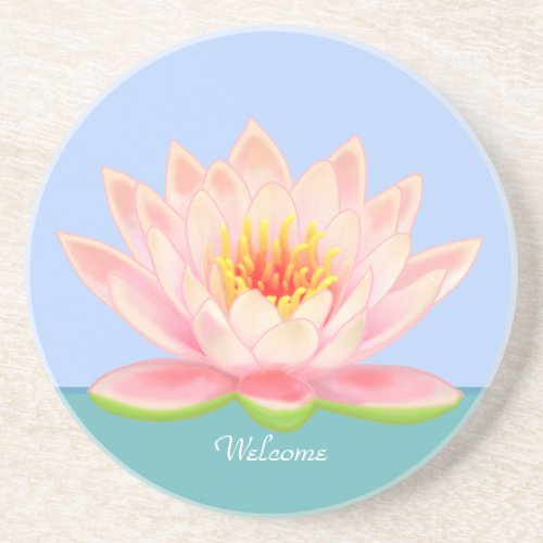Pink Water Lily Flower on Light Blue Coaster