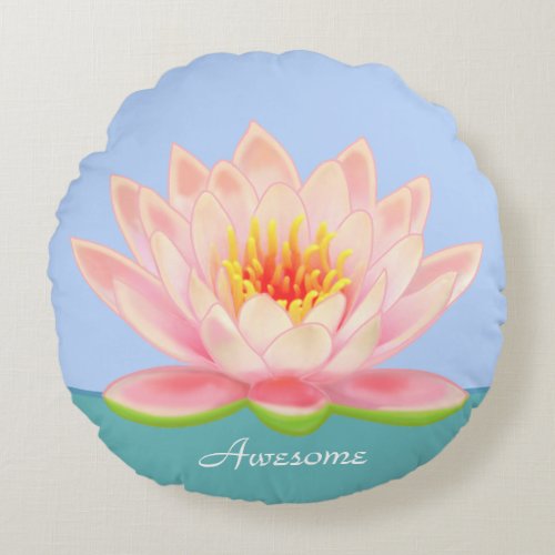 Pink Water Lily Flower on Light Blue Round Pillow