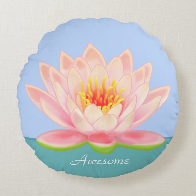 Pink Water Lily Flower on Light Blue Round Pillow (Front)
