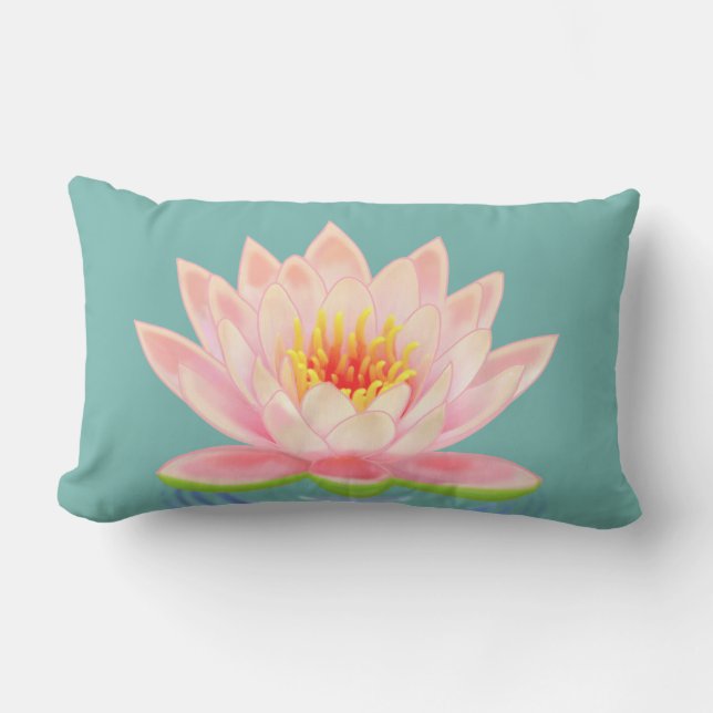 Pink Water Lily Flower on Teal Lumbar Pillow (Front)