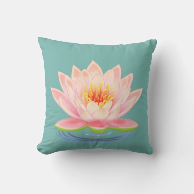 Pink Water Lily Flower on Teal Throw Pillow (Front)