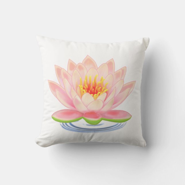 Pink Water Lily Flower on White Throw Pillow (Front)