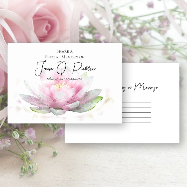 Pink Water Lily Flower Share a Memory Funeral  Note Card (Creator Uploaded)