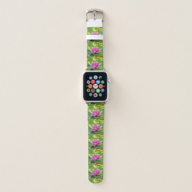 Pink Water Lily Lotus Flower on Green Lily Pad Apple Watch Band (Front)