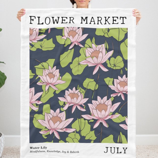 Pink Water Lily Lotus July Birth Flower Market Fleece Blanket (Personalized July Birth Flower Market Print Fleece Blanket, Customizable Pink Lotus Floral Blanket)