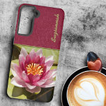 Pink Water Lily Samsung Galaxy S21 Case<br><div class="desc">Share the delicate close up photograph of a single blooming pink water lily amongst lily pads on your case. Personalize the template text,  remove the text or edit using the design tool to select a font style, size,  and color you prefer.</div>