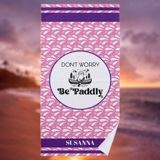 Pink Water Pattern Stripes Retro Canoe Otter Name Beach Towel (Creator Uploaded)