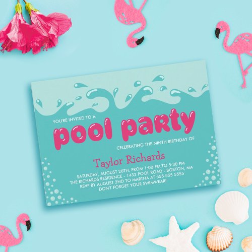 Pink Water Splashes _ Kids Birthday Pool Party Invitation