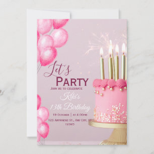 Pink Watercolor 13th Birthday Invite