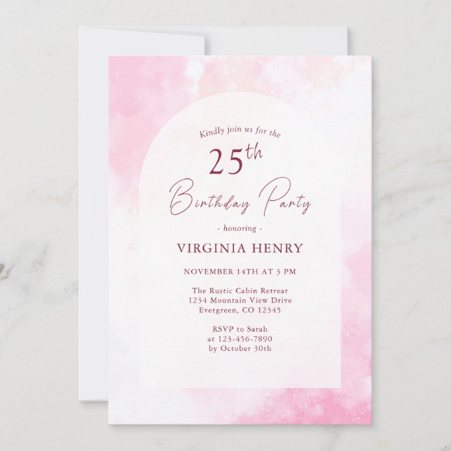  Pink Watercolor 25th Birthday Invitation (Front)