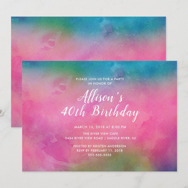 Pink Watercolor 40th Birthday Party Invitation (Front/Back)