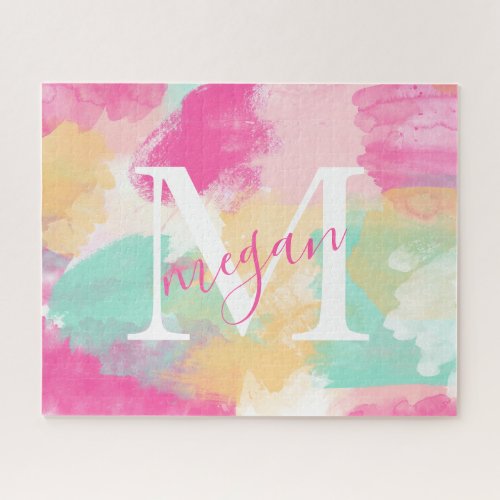Pink watercolor abstract brushstrokes monogrammed jigsaw puzzle